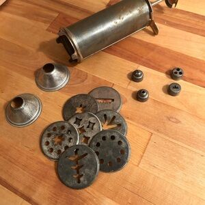 1950s Vintage Metal Cookie Press Set - hand pump with interchangeable discs